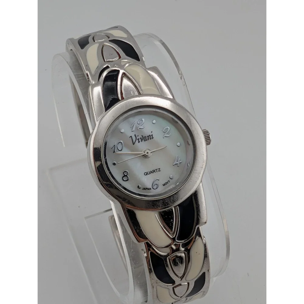 Vivani Women's Watch 24mm Case MOP Dial Black/White Enamel Bangle Band- Working